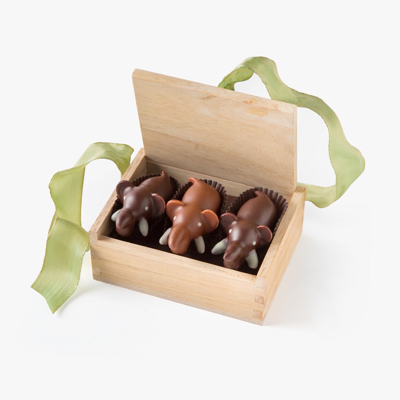Charming Milk Chocolate Elephants and Dark Chocolate Elephants, presented in a wooden gift box.